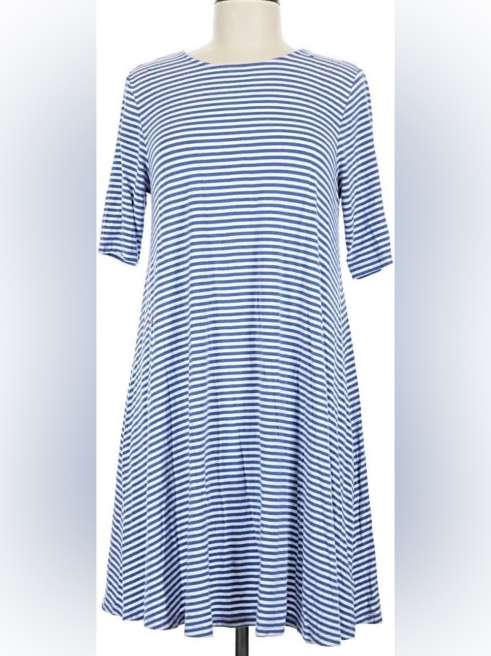 Old Navy Blue and White 3/4 Length Sleeves Striped Scoop Neck T Shirt Dress